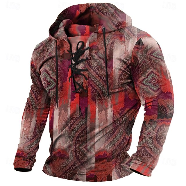  Homme Tribal Abstrait Imprimé bandana Élégant Ethnique manche longue À capuche Vêtements de rue Jaune Rouge Cordon de serrage Automne Hiver Designer