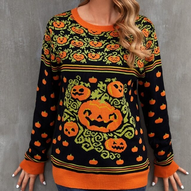 Women's Sweater Casual Pumpkin Ribbed Crew Neck Knitted Print Long Sleeve Regular Tops Knit Halloween Holiday Going out Orange Winter4