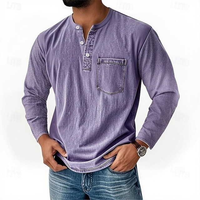  Pánské Retro Tričko Henley Tričko Tričko Dlouhý rukáv Retro Na běžné nošení Ležérní Jaro Podzim Celý rok Fialová Světle šedá Vodní modrá Hnědá Trávová zelená Henley Tričko Henley