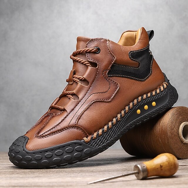  Tênis casual masculino de cano alto em couro sintético marrom com sola de borracha antiderrapante – calçado esportivo confortável com cadarço para caminhadas ao ar livre, viagens e uso diário