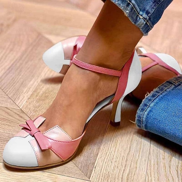  sapatos femininos vintage rosa e branco de salto alto com detalhes de laço - saltos retrô elegantes para casamentos, festas e ocasiões especiais