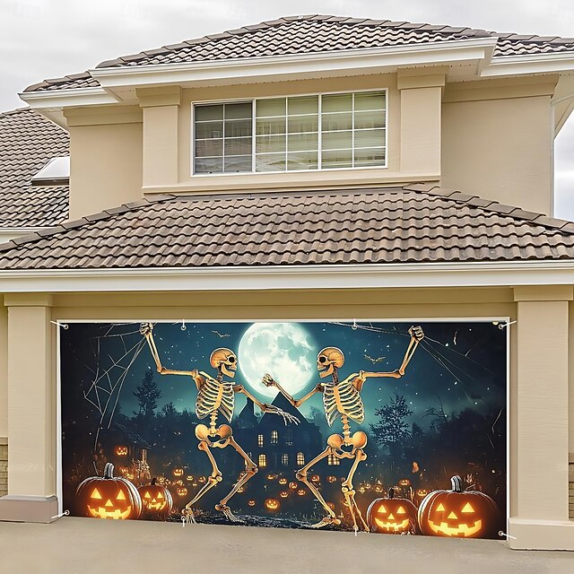 Halloween Tapestry Garage Door Cover Large Hanging Backdrop Skeleton Moon Funny Fantasy Psychedelic Party Outdoor Shooting Backgrounds Front Door Home Decor4