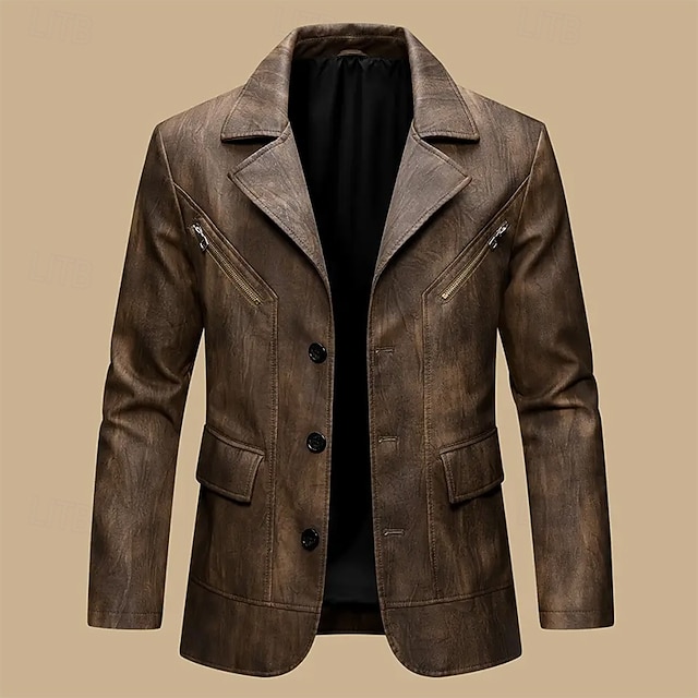  Herr Imitationsläderjacka Blazer i konstläder Bikerjacka Semester Dagligen Vindtät Håller värmen Ficka Vår Höst Slät Mode Klassisk Kavajslag Normal Imitationsläder Svart Kaffe Jacka