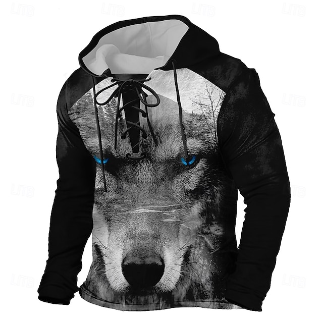  Homens Lobo 3D Moletons à moda Casual Manga Longa Com Capuz Feriado Streetwear Preto Marron Com Cordão Arte Gráfica Outono Inverno Designer