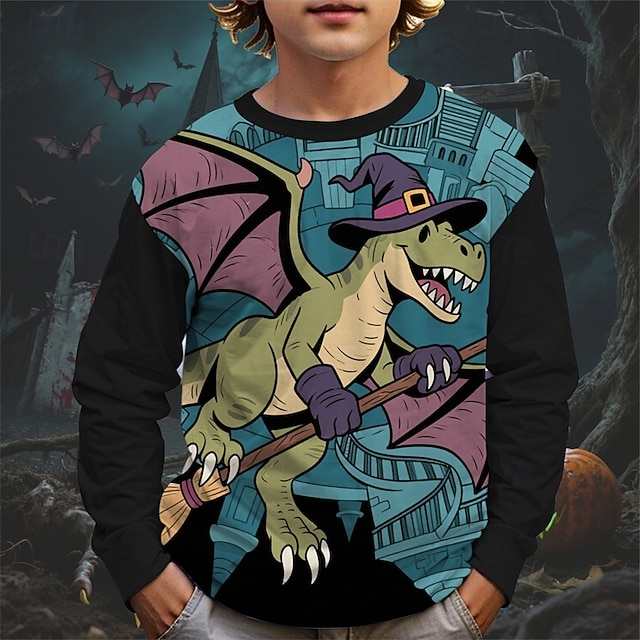  Halloween Pojkar 3D Tecknat Pumpa Dinosaurie T-shirt Långärmad Vår Höst Mode Grundläggande Barn 4-12 år Rund hals Utomhus Ledigt Dagligen Normal