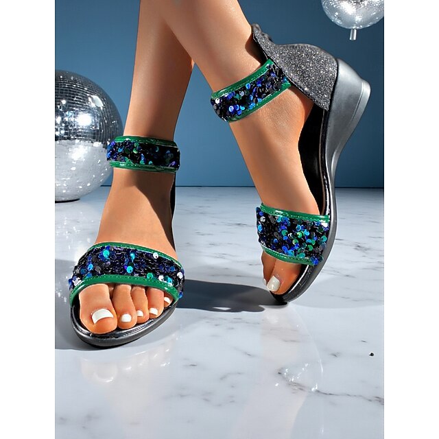  Sandalias de cuña con tiras en el tobillo y lentejuelas para mujer: zapatos de fiesta con punta abierta y brillo para la vida nocturna y atuendos de discoteca.