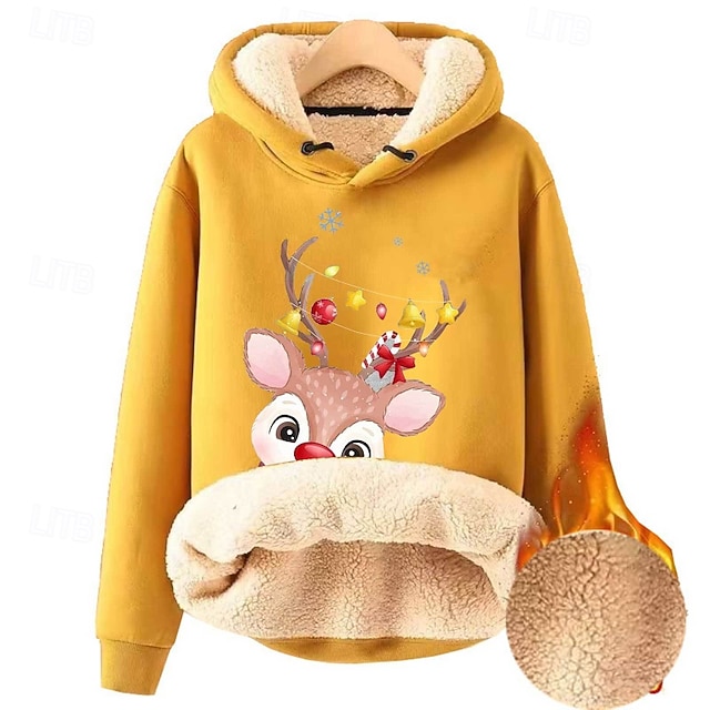 Mulheres Pulôver Moletom Com Capuz Árvore de Natal Roupa de rua Casual Manga Longa Com Capuz Tops regulares Rua Para Noite Bolsos Imprimir Azul denim Amarelo Azul Marinha Azul Azul Escuro Inverno