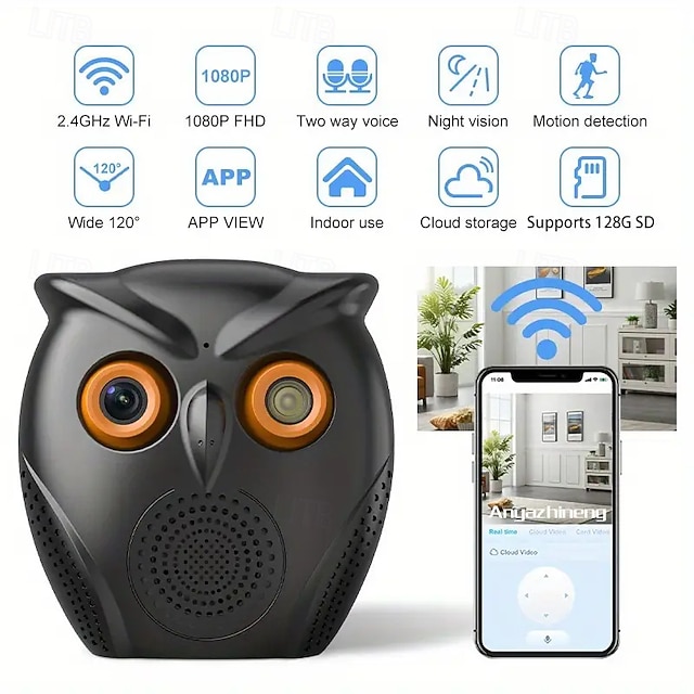  מצלמת אבטחה פנימית בצורת ינשוף 1080p HD, תקשורת דו-כיוונית רחבה בזווית 120 מעלות, התראות תנועה וקול, פונקציית ראיית לילה, מצלמת מעקב ביתית WiFi, עיצוב בנושא ינשוף