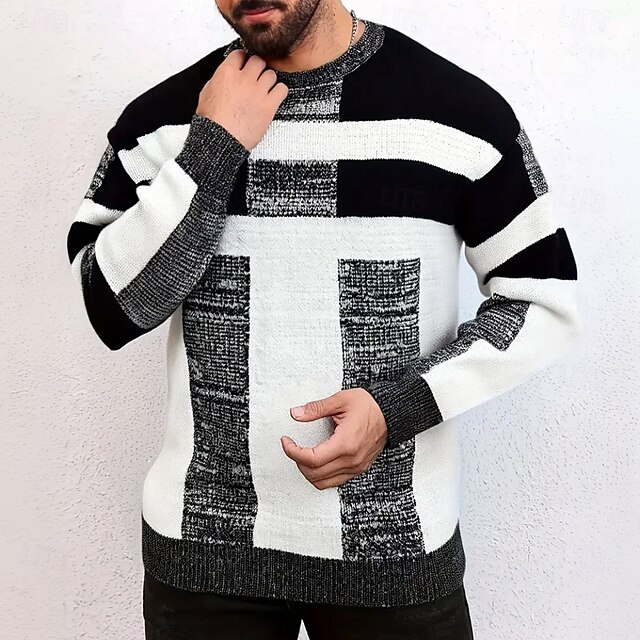 Men's Color Block Pullover Sweater Jumper Knitwear Crewneck Casual Vacation Home Daily 3D Print Knitting Keep Warm Long Sleeve Spring Fall Winter Black-white4
