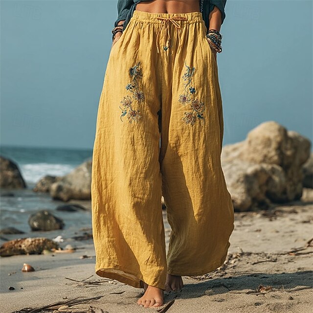 Women's Wide Leg Pants Trousers Palazzo Pants Fashion Boho Full Length High Waist Flower Drawstring Elastic Waist Print Breathability Comfortable Street Daily Wear Going out Yellow Spring Fall4