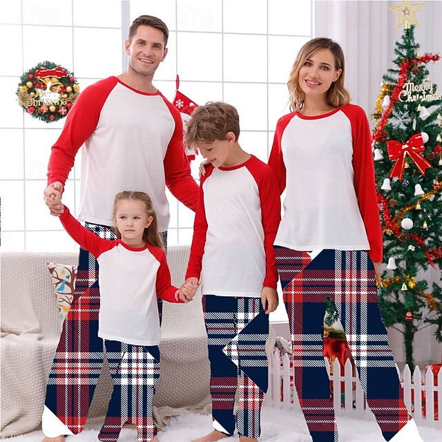 Family Pajamas Christmas Pattern Home Print Black White Light Red Long ...
