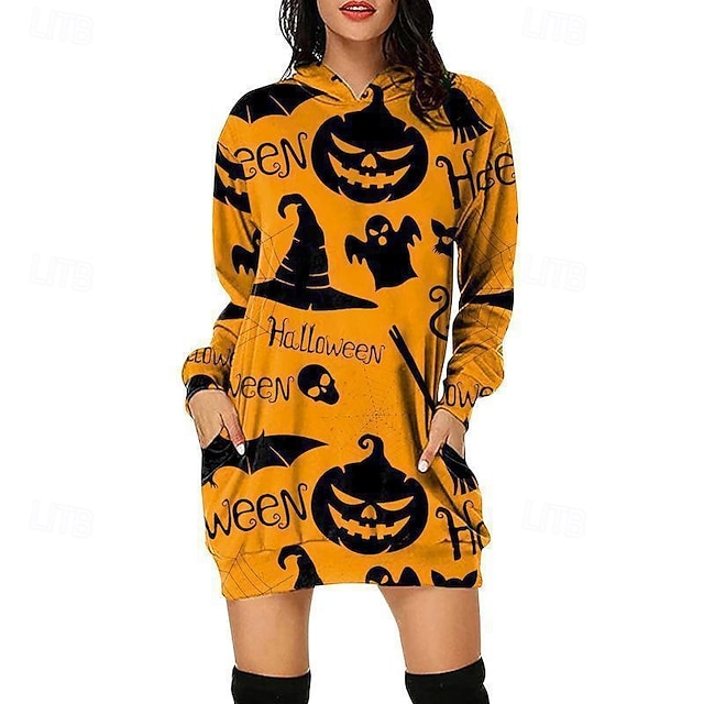  Femmes Mini Robe Robe à Capuche Robe Décontractée Mode Moderne Halloween Quotidien Week-end Coupe régulière Potiron manche longue À capuche Noir Blanche Jaune Rouge Printemps Automne
