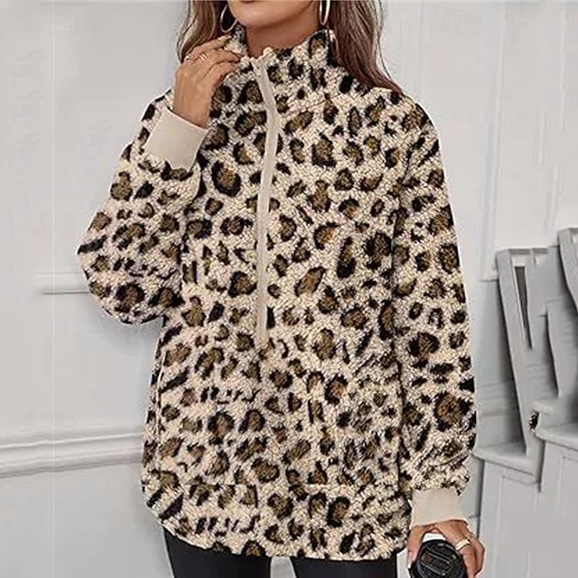  Women's Trench Coat Warm Comfortable Zipper Pocket Fashion Outdoor Leopard Going out Weekend Zipper Regular Lapel Regular Fit Long Sleeve Outerwear Yellow Apricot Coffee Fall Winter