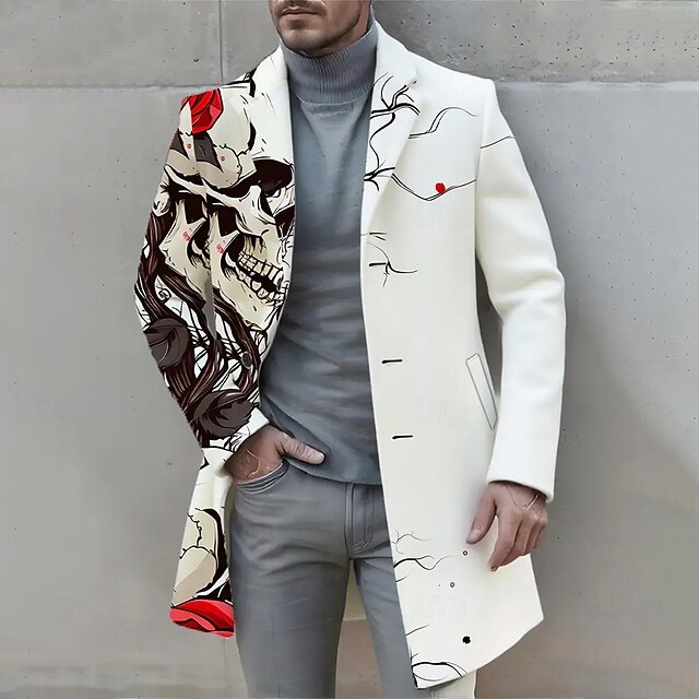 Men's Rose Skulls Overcoat Coat Casual Casual Daily 3D Print Buttons Front Pocket Spring Fall Winter Notch Long Sleeve White4