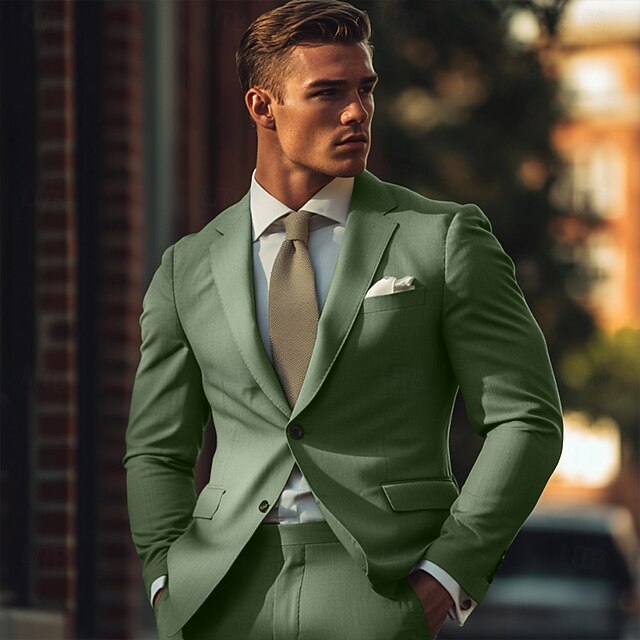 Men's Wedding Casual Party Suits Notch Lapel Sage Formal Solid Colored Tailored Fit 2 Piece Single Breasted Two-buttons2