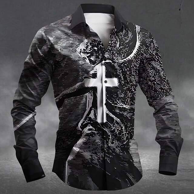 Halloween Men's Cross Jesus Halloween Costumes Shirt Button Up Shirt Long Sleeve Dark Gothic Style Outdoor Holiday Summer Spring Turndown 3D Print Collared Shirts Black4