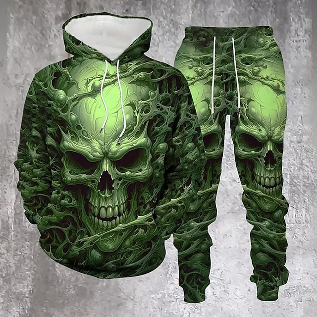  Halloween Homens Caveiras 2pcs Conjuntos de moletom 3D Moletom Moletom com capuz Manga Longa Calças compridas Com Capuz Casual Diário Rua Roupa Esportiva Impressão 3D Primavera Outono Inverno Verde