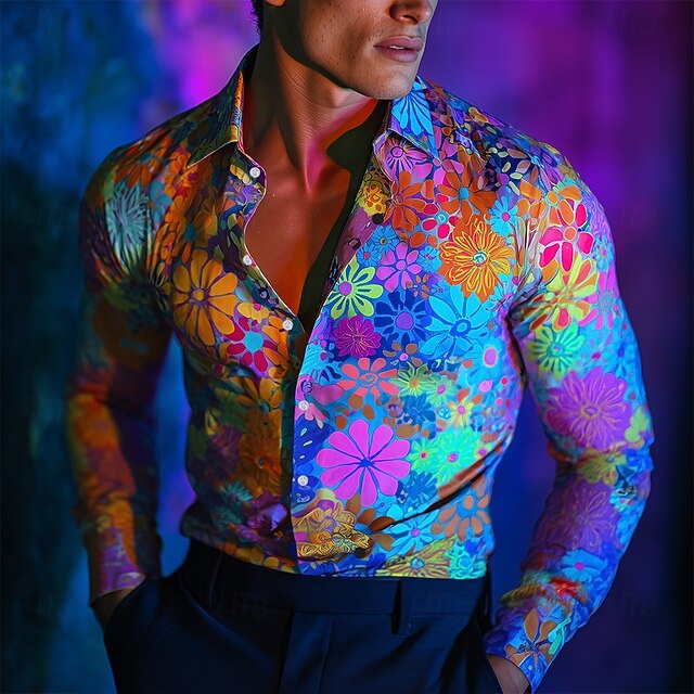Men's Floral Print Flowers Shirt Button Up Shirt Casual Dress Shirt Long Sleeve Hawaiian Vacation Daily Streetwear Summer Spring Turndown 3D Print Collared Shirts Blue4
