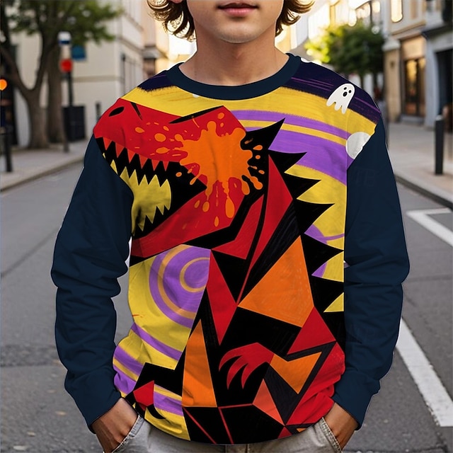  Halloween Pojkar 3D Dinosaurie T-shirt Långärmad Vår Höst Mode Grundläggande Barn 4-12 år Rund hals Utomhus Ledigt Dagligen Normal