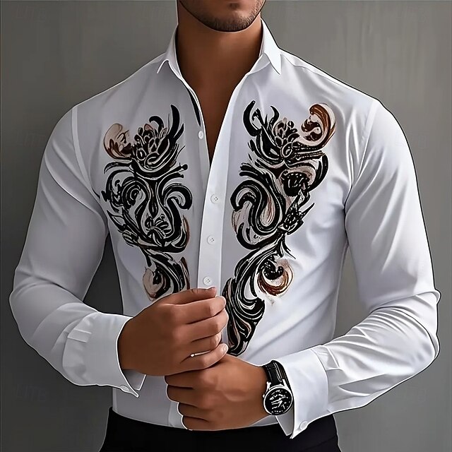 Men's Scroll Floral Print Ethnic Shirt Western Shirt Cowboy Shirt Long Sleeve Vintage Retro Outdoor Vacation Spring Fall Turndown 3D Print Linen Like Shirt White4