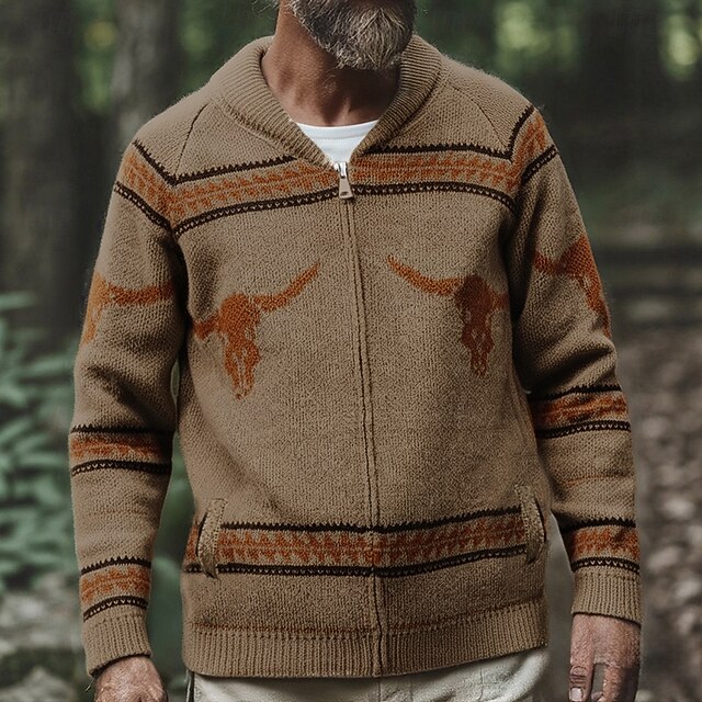 Men's Cardigan Sweater Cropped  Sweater Zip Sweater Knit Sweater Ribbed Knit Regular Tops Pocket Cow Shawl Lapel Classic Casual Vacation Daily Wear Clothing Apparel Fall Winter khaki M L XL2