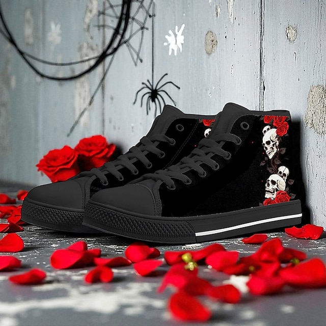  Herren-Sneaker aus Canvas mit Totenkopf- und Rosenmotiv – Gothic-Punk-Freizeitschuhe zum Schnüren für Halloween, Partys und den Alltag