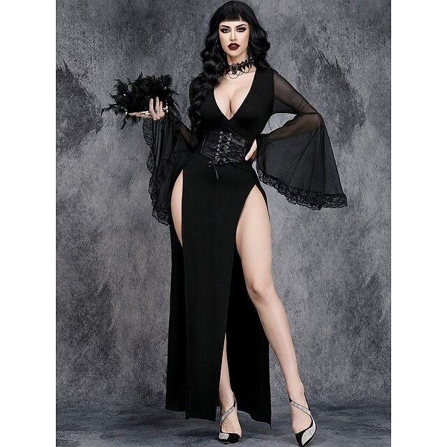  gotický Maxi Šaty Zvonové Čerodějnice Morticia Addamsová Štěrbina Pevná barva Do V Maškarní kostým Dámské Fantazie předvečer Všech svatých Karneval Výkon Párty Dospělí Šaty Celý rok