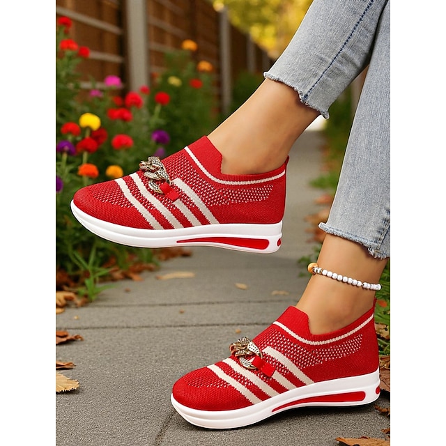  Baskets Flyknit rouges à enfiler pour femme avec détail chaîne – Chaussures de marche légères à rayures pour le shopping, Noël et les loisirs