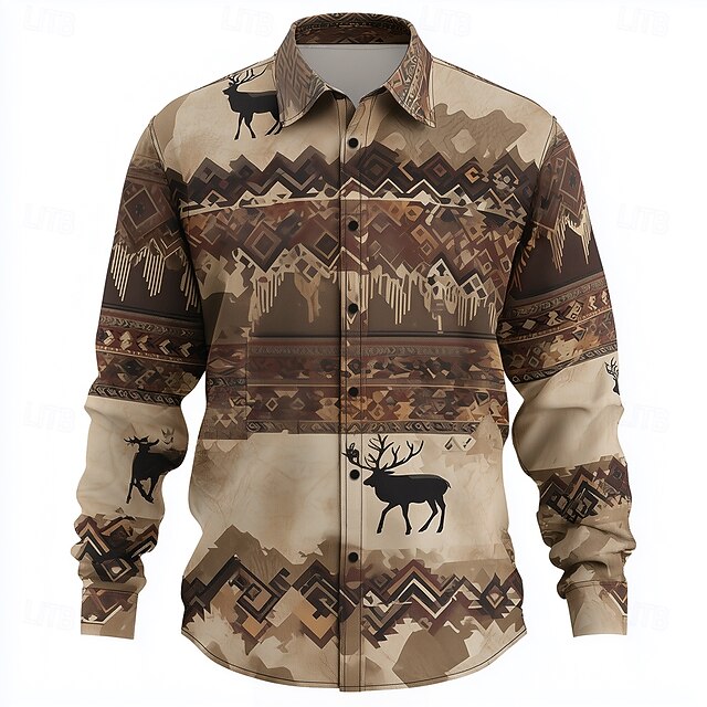 Men's Reindeer Aztec Indian Culture Shirt Button Up Shirt Long Sleeve Ethnic Vintage Retro Outdoor Casual Spring Fall Turndown 3D Print Linen Like Shirt Khaki4