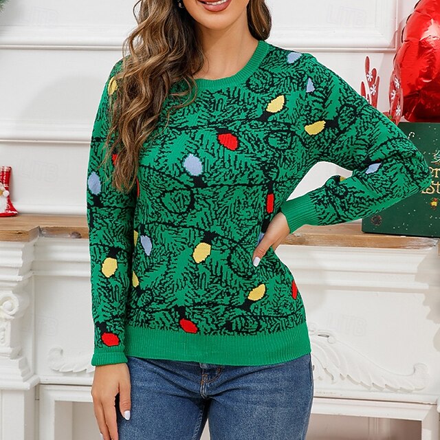 Women's Sweater Pullover Casual Christmas Light Ribbed Crew Neck Knitted Print Long Sleeve Regular Tops Knit Christmas Daily Holiday Green Winter4