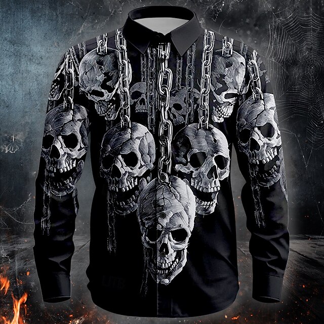 Halloween Men's Chains Print Halloween Costumes Skulls Shirt Button Up Shirt Long Sleeve Dark Punk Gothic Style Outdoor Holiday Summer Spring Turndown 3D Print Collared Shirts Black4