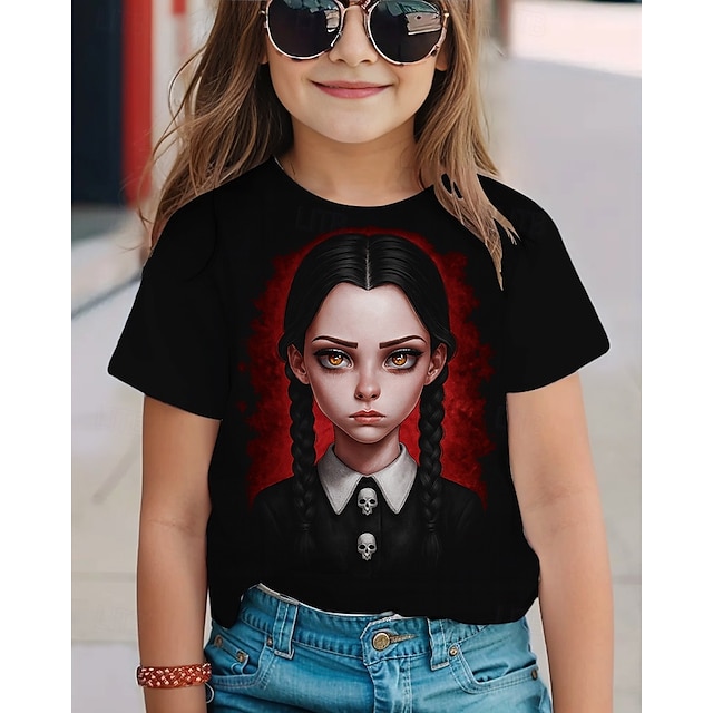  Koszulka z gotycką grafiką Wednesday Addams, słodka, letnia, oddychająca, modna koszulka na Halloween dla dziewczynek
