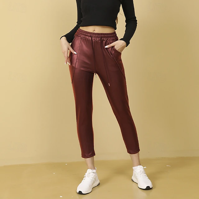 Women's Tights Leather Pants Faux Leather Leggings with Pockets Warm High Waist Gym Athletic Pilates Bottoms Solid Color Red Winter Sports Activewear3