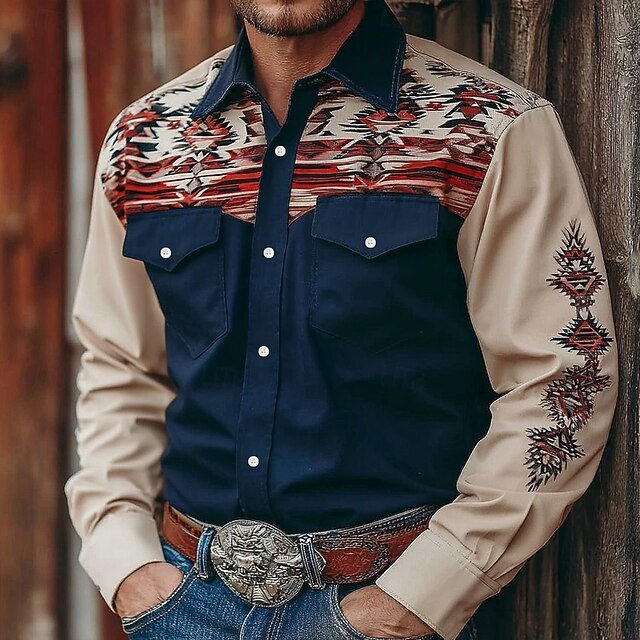 Men's Geometric Aztec Ethnic Shirt Western Shirt Cowboy Shirt Long Sleeve Vintage Retro Outdoor Casual WorkWear Spring Fall Turndown Front Two Pockets Linen Like Shirt Button Up Shirts Apricot4