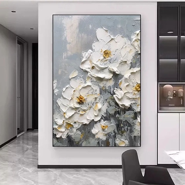  鮮やかな花の構図と白い牡丹を特徴とする手作りの3D白い花の油絵。絶妙なインパスト技法と豊かな色彩パレットが特徴で、エレガントな室内装飾に最適です。