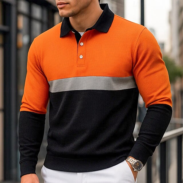 Men's Waffle Polo Shirts Polo Shirts Formal Business Ribbed Polo Collar Long Sleeve Fashion Solid Color Striped Color Block Buttons Spring &  Fall Regular Fit Black / Orange Waffle Polo Shirts4
