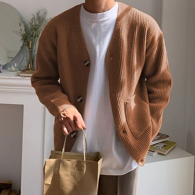 Men's Sweater Dress Sweater Cardigan Sweater Knit Sweater Ribbed Knit Regular Tops Knitted Ribbed Plain V Neck Fashion Shawls Casual Daily Wear Clothing Apparel Fall Winter Brown S M L4