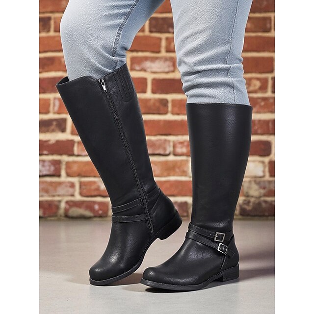  Botas negras extra anchas hasta la rodilla para mujer con cremallera lateral y hebilla: botas de montar clásicas informales para el trabajo, viajes y atuendos al aire libre.