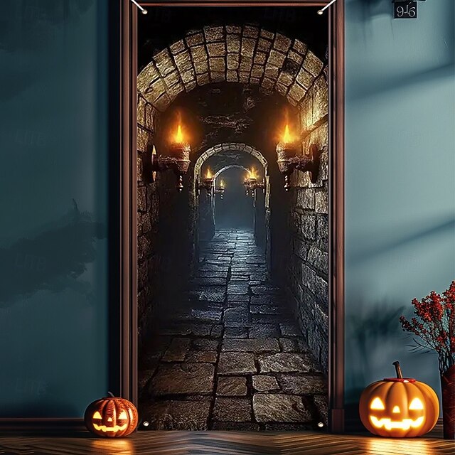 Halloween  Door Covers 3D Archway Door Cover Door Curtain Decoration Backdrop Door Banner for 2025 Halloween Front Door Farmhouse Holiday Party Indoor Outdoor Decor Supplies3