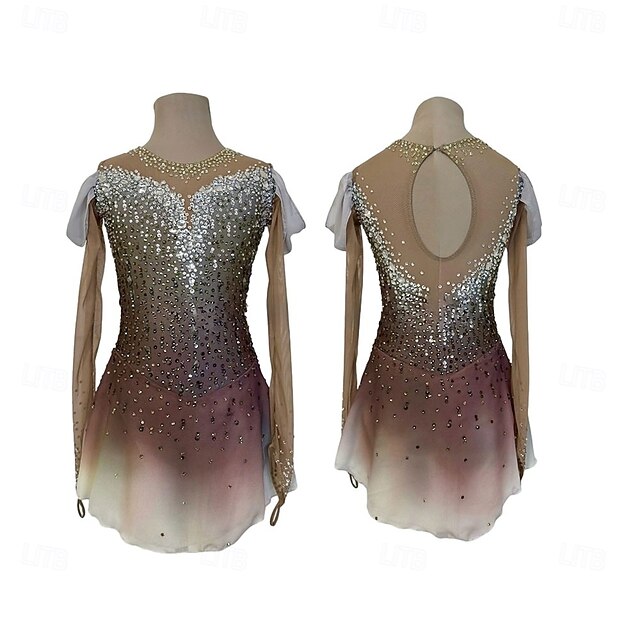 Figure Skating Dress Women's Girls' Ice Skating Dress Brown Patchwork Thumbhole Mesh Spandex High Elasticity Training Competition Skating Wear Classic Crystal / Rhinestone Long Sleeve Ice Skating2