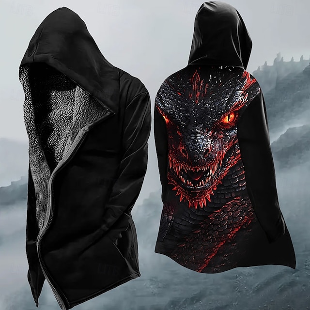  Halloween Homens Dragão Casaco de inverno Casaco de lã Casaco Térmico / Quente Confortável Casual Rua Roupa Diária Zíper Bolsos Impressão 3D Outono Inverno Com Capuz Manga Longa Vermelho Azul Ametista