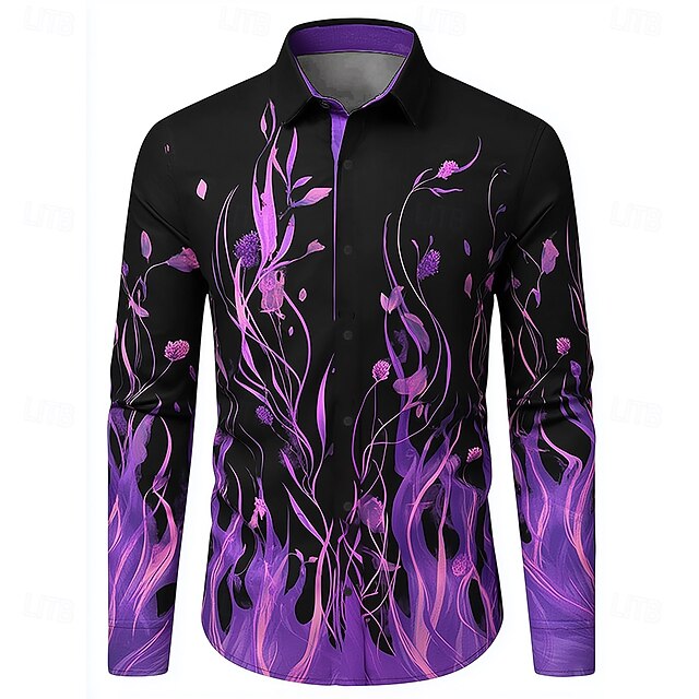Men's Floral Print Flame Flowers Shirt Button Up Shirt Casual Dress Shirt Long Sleeve Casual Outdoor Holiday Summer Spring Turndown 3D Print Collared Shirts Black4