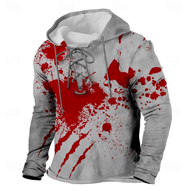 Men's Blood Splatter 3D Blood stains Hoodies Stylish Ethnic Long Sleeve Hooded Holiday Streetwear Gray Drawstring 3D Fall Winter Designer4