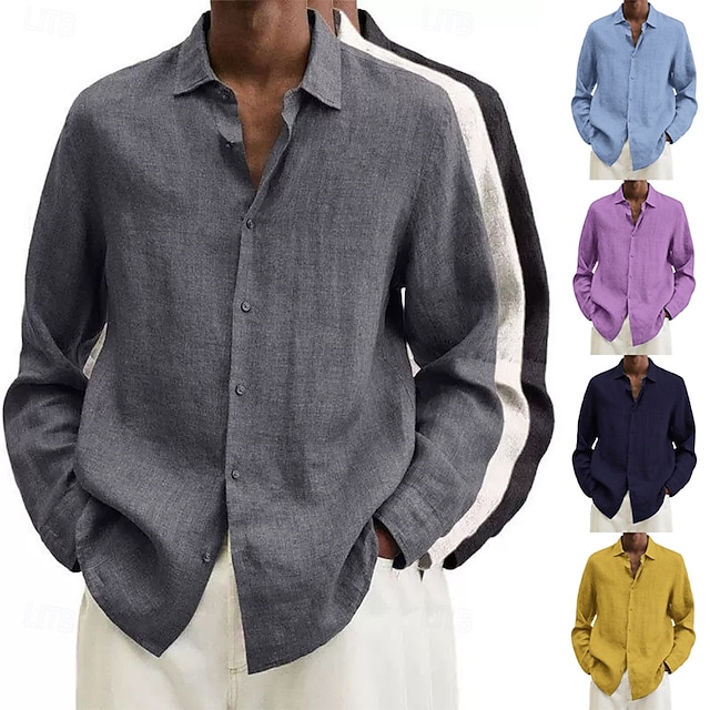  Camicia da uomo in cotone e lino, nera, rosa, blu navy, manica lunga, tinta unita, stile turndown, abbigliamento da vacanza, abbigliamento in poliestere, moda casual
