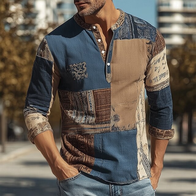 Men's Geometric Color Block Patchwork Shirt Henley Shirt Stand Collar Shirt Long Sleeve Vintage Retro Vacation Casual Summer Spring Mandarin Buttons Linen Like Shirt Blue4