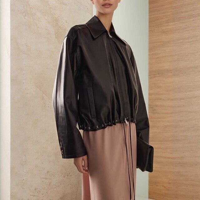  Women's Faux Leather Jacket Comfortable Zipper Pocket Fashion Outdoor Plain Street Holiday Zipper Regular Turndown Regular Fit Long Sleeve Outerwear Black Fall