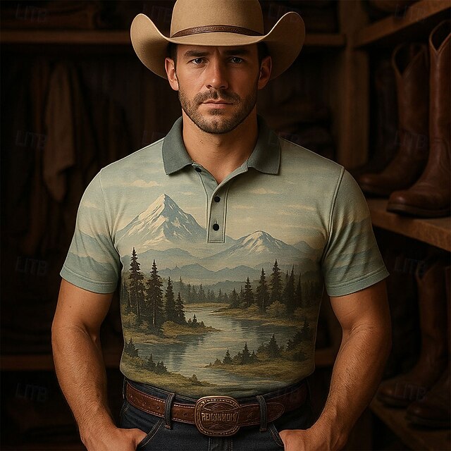 Men's Tree Mountain Polo Short Sleeve Polo Shirts Collared Shirts Casual Western Style Outdoor Athleisure 3D Print Summer Blue4