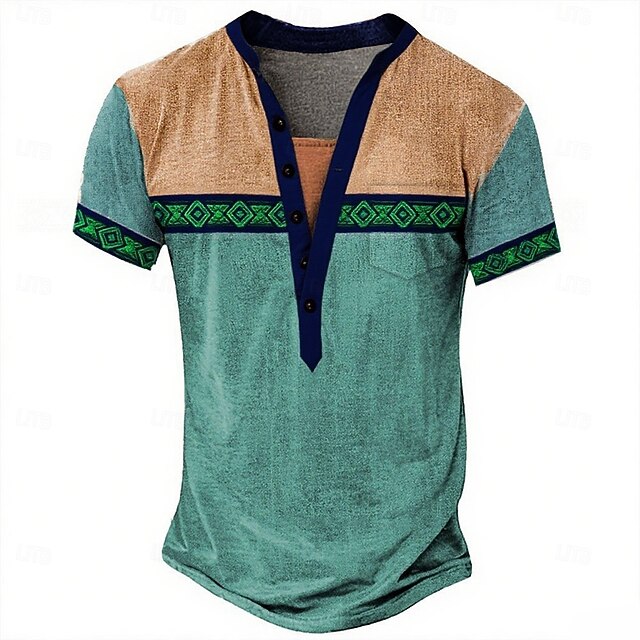 Men's Geometric Tribal Ethnic T Shirt Henley Shirt Tee Short Sleeve Designer Basic Ethnic Outdoor Casual Daily Summer Spring Light Green Henley Henley T-Shirt4