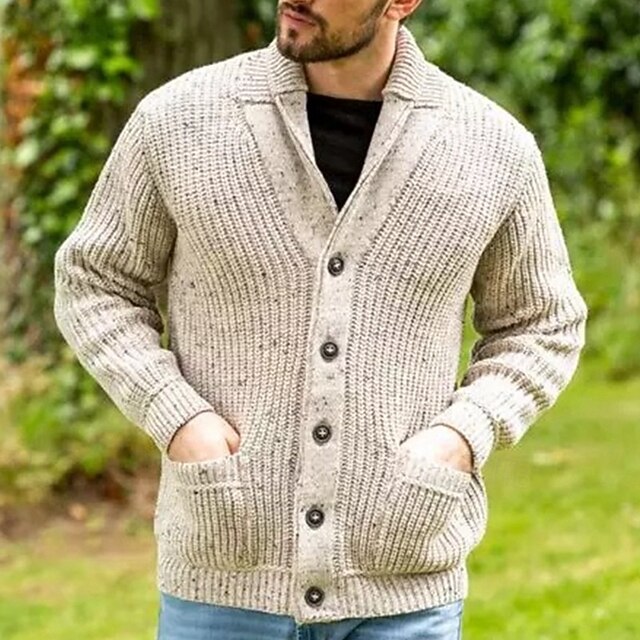 Men's Sweater Cardigan Sweater Ribbed Knit Regular Tops Knitted Plain Plain Shawl Collar Vacation Fashion Casual Daily Wear Clothing Apparel Winter Spring &  Fall Beige M L XL4