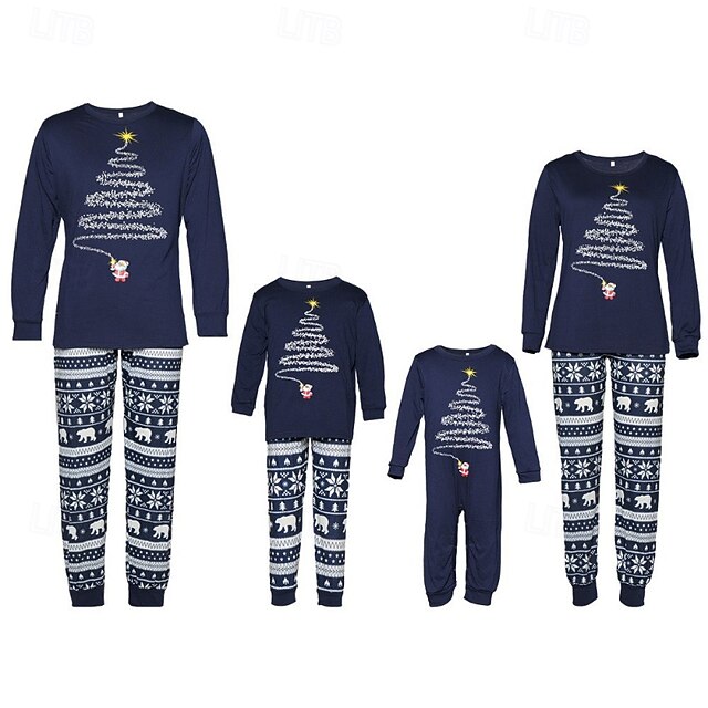 Family Pajamas Christmas Pattern Home Print Red Navy Blue Long Sleeve ...